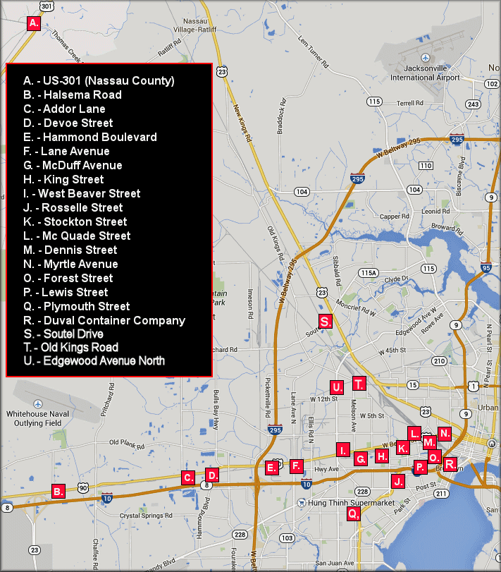 Map showing some Duval/Nassau County Bulimulus sporadicus sites near CSX rail lines West of Interstate 95