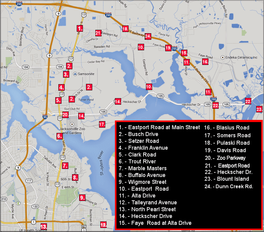 Map showing Duval County Bulimulus sporadicus sites near CSX rail lines/highways east of Interstate 95